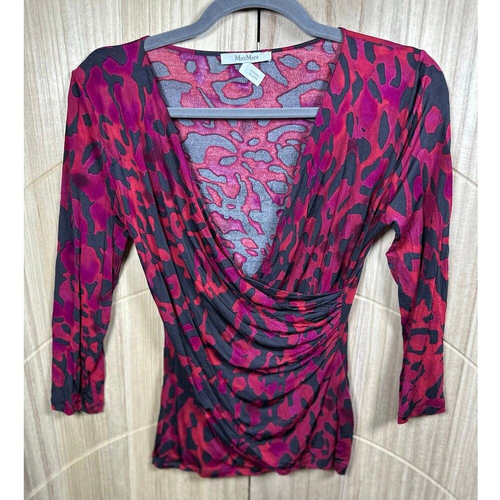 Max Mara Blouse Top Women's Medium Pink Black Leopard Ruched Surplice Neck